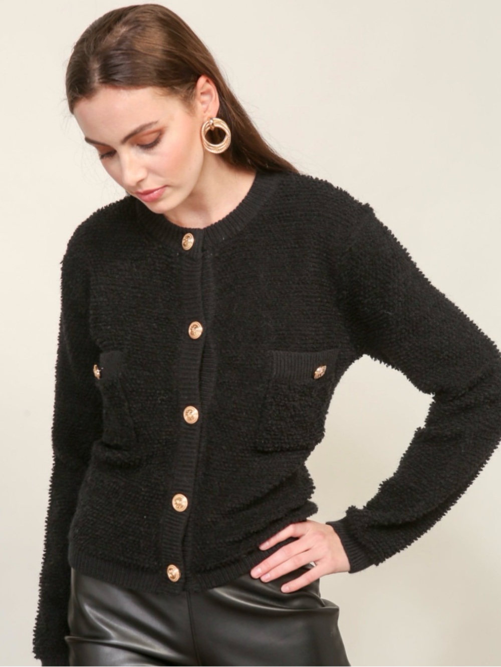 Line & Dot Khloe Boucle Cardigan in Black